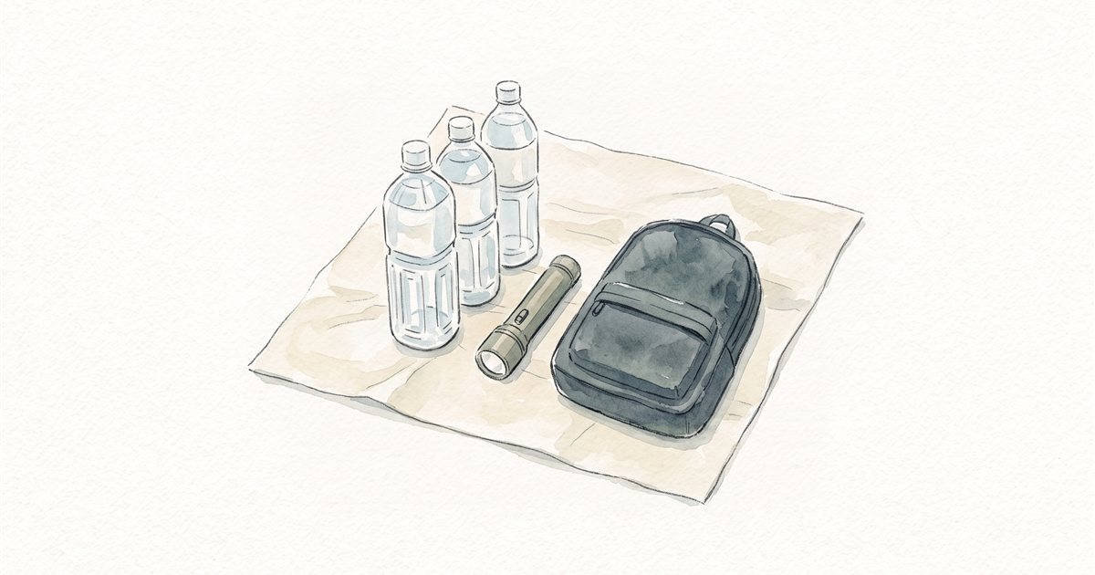 防災リュックと水のペットボトル、懐中電灯を並べた水彩イラスト